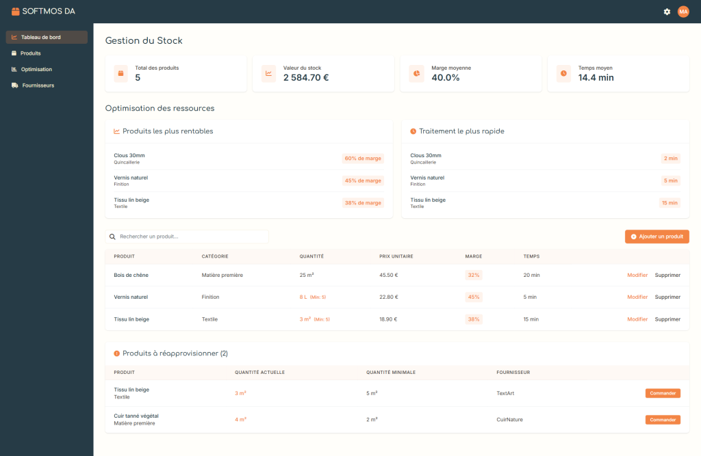 Interface du logiciel artisan bâtiment Softmos DA présentant le module de gestion de stock. Le tableau de bord affiche une vision complète avec un stock valorisé à 2 584,70 €, 5 produits en gestion, une marge moyenne de 40% et un temps moyen de traitement de 14,4 minutes. La section d'optimisation des ressources détaille les produits les plus rentables (clous, vernis, tissu) avec leurs marges respectives (60%, 45%, 38%) et les temps de traitement. Le tableau principal liste les produits en stock avec leurs caractéristiques (catégorie, quantité, prix unitaire, marge), tandis qu'une alerte signale 2 produits à réapprovisionner. Solution idéale pour les artisans du bâtiment souhaitant optimiser leur gestion administrative, gagner du temps et améliorer leur rentabilité grâce à un suivi numérique complet.