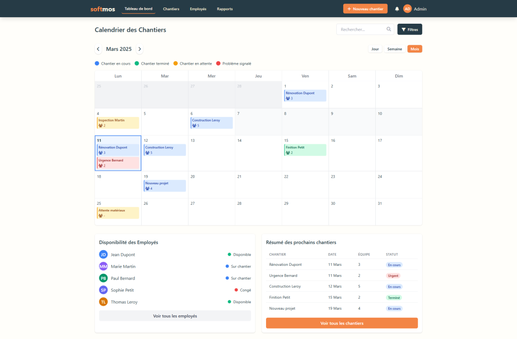 Interface d'une application web sur mesure appelée Softmos, spécialement développée pour les artisans du bâtiment. Cette solution numérique personnalisée affiche un calendrier des chantiers pour mars 2025, avec différents statuts (en cours, terminé, en attente, problème signalé) et la disponibilité des employés. Ce logiciel métier permet une gestion optimisée des projets grâce à un développement web adapté aux besoins spécifiques des professionnels de l'artisanat.