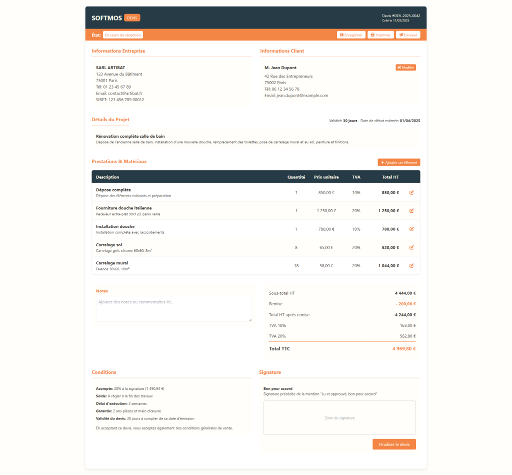 Modèle de devis numérique du logiciel SOFTMOS pour artisans du bâtiment. Le document détaille un projet de rénovation de salle de bain avec prestations, matériaux, prix unitaires, TVA et total TTC. Interface intuitive permettant aux PME du secteur BTP de créer facilement des devis professionnels avec conditions de paiement et signature électronique.