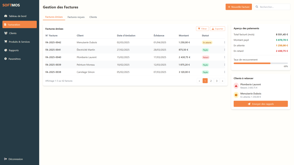 Interface du logiciel SOFTMOS de gestion de factures pour artisans et PME du bâtiment. Le tableau de bord présente les factures émises avec leurs statuts (payée, en attente, retard), les montants, et un aperçu des paiements avec taux de recouvrement. Solution complète de facturation électronique idéale pour les professionnels du BTP.